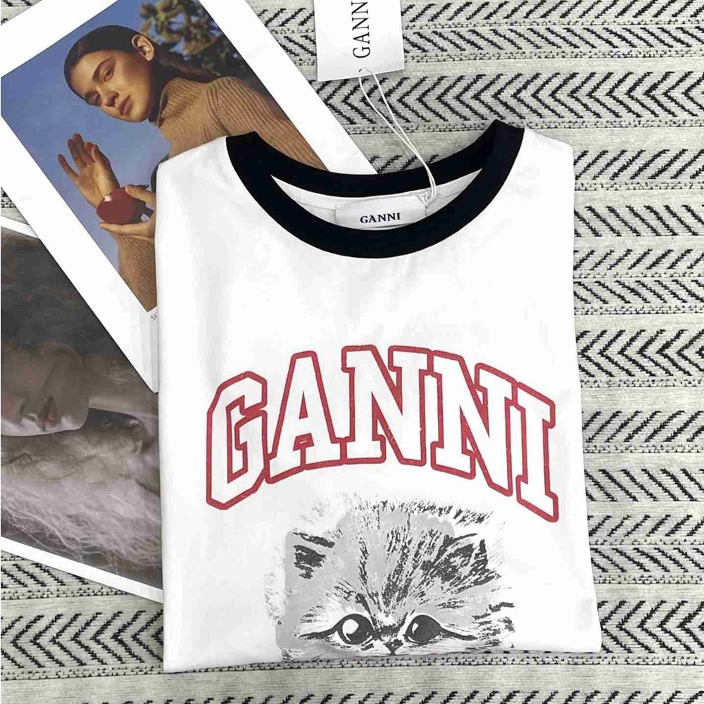 Ganni White Tee with Cat and Red Text - Picture 2 of 5